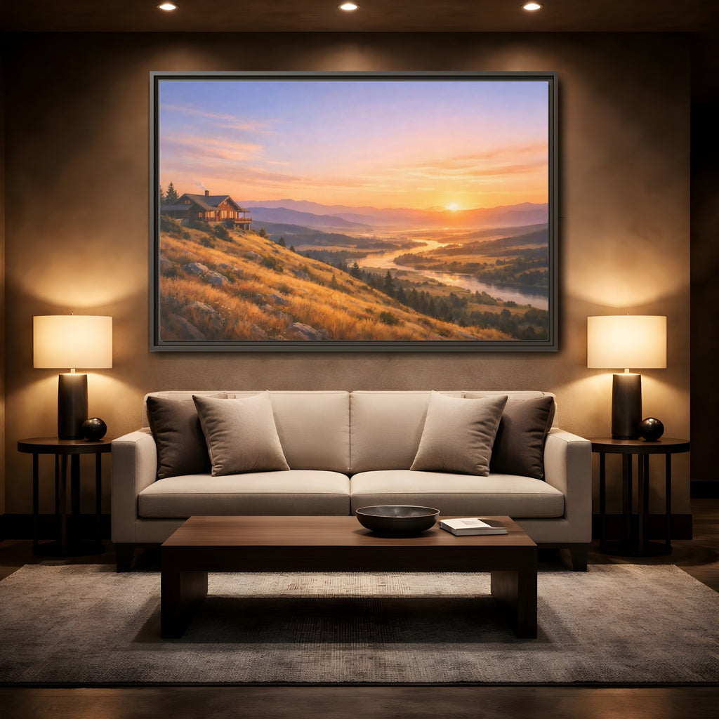 Mockup 2. Nature Mountain Cabin Mountain Sunset shown as stretched canvas wall art
