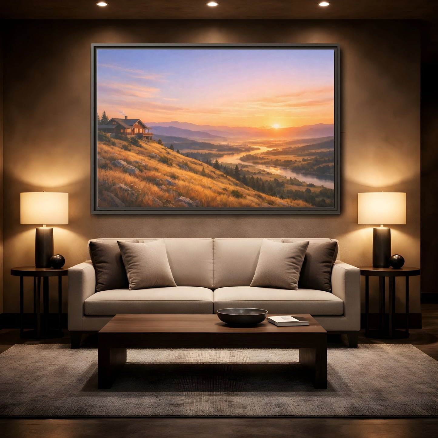 Mockup 2. Nature Mountain Cabin Mountain Sunset shown as stretched canvas wall art