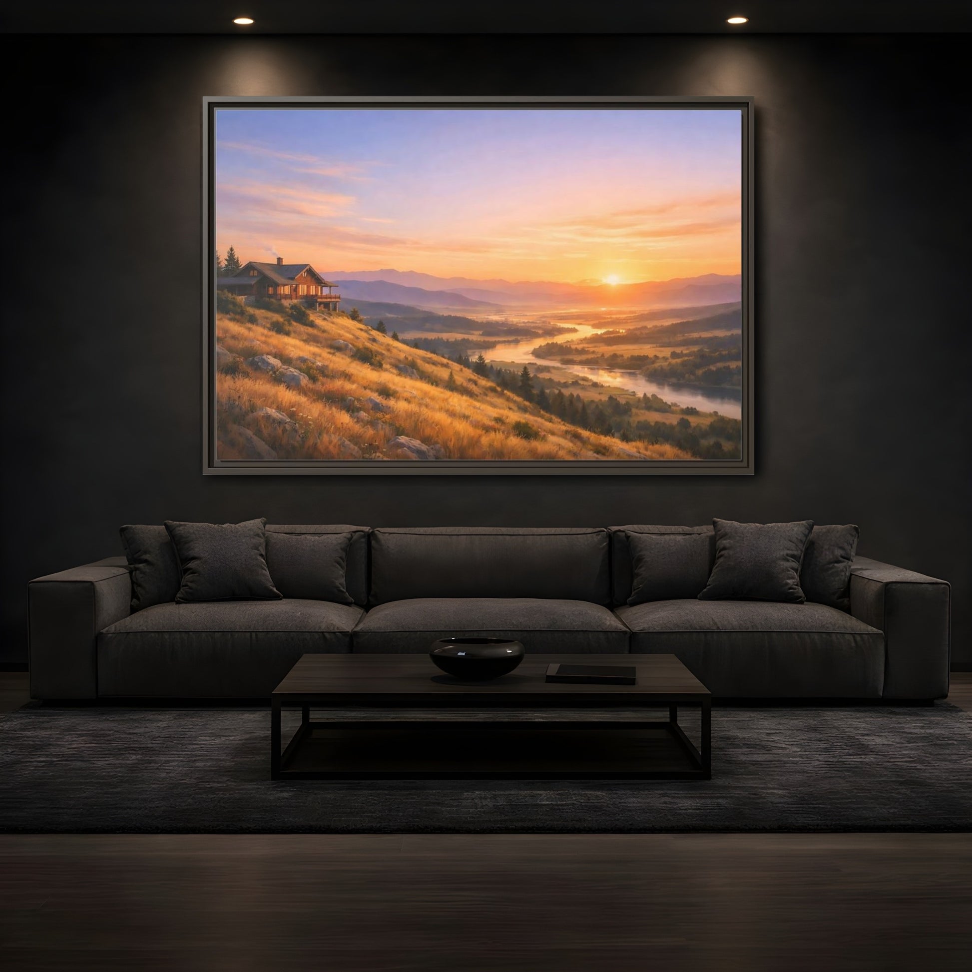 Mockup 3. Nature Mountain Cabin Mountain Sunset shown as stretched canvas wall art