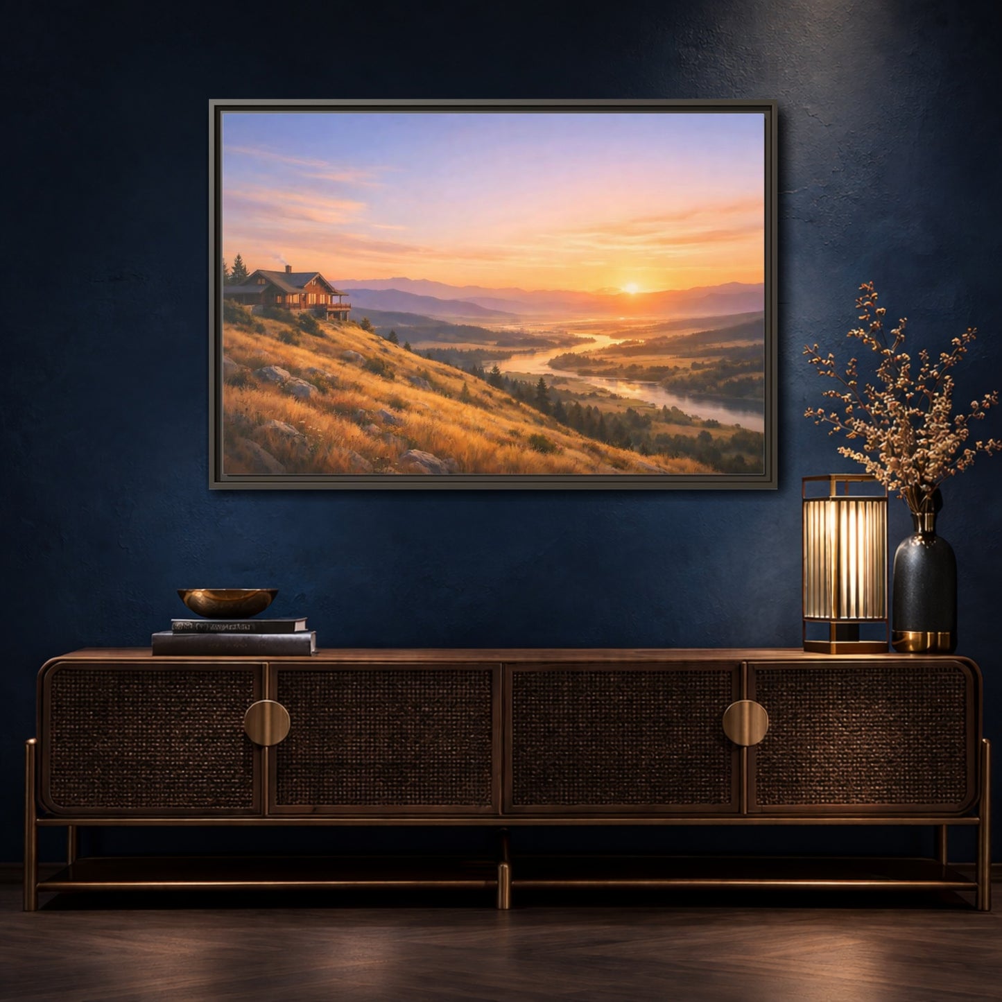 Mockup 4. Nature Mountain Cabin Mountain Sunset shown as stretched canvas wall art