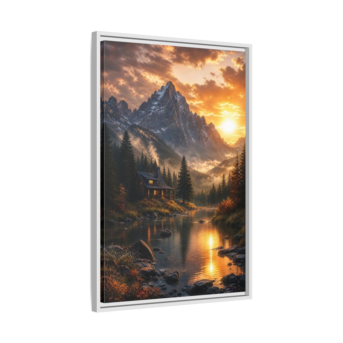 Side Mockup 10. Nature Mountain Cabin Orange Mountain Cabin shown as stretched canvas wall art