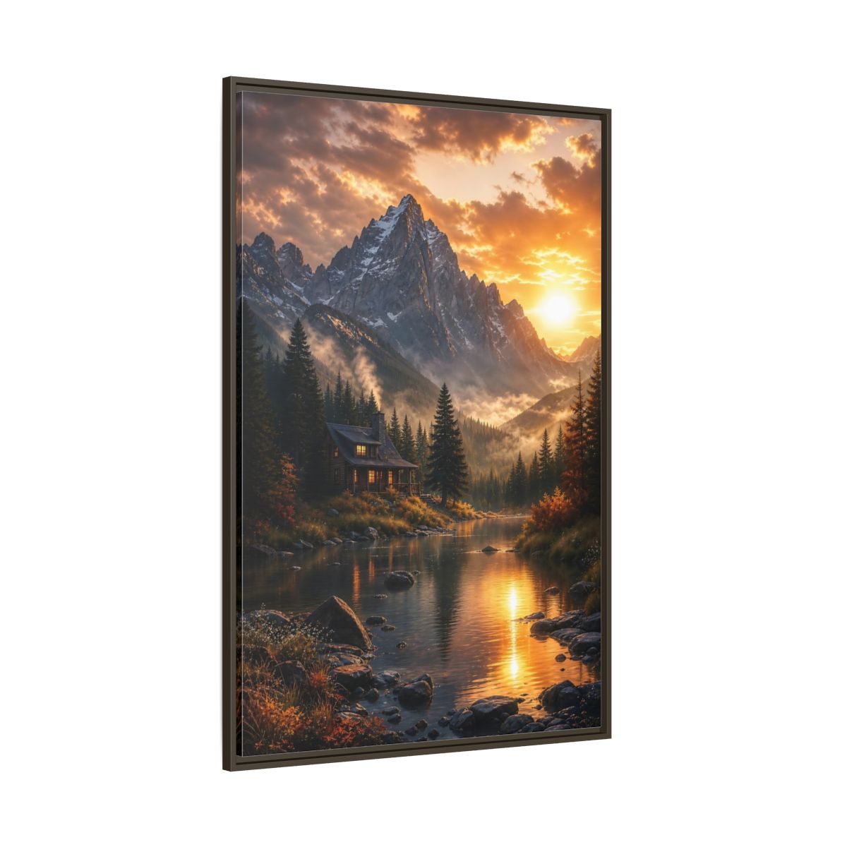 Side Mockup 8. Nature Mountain Cabin Orange Mountain Cabin shown as stretched canvas wall art