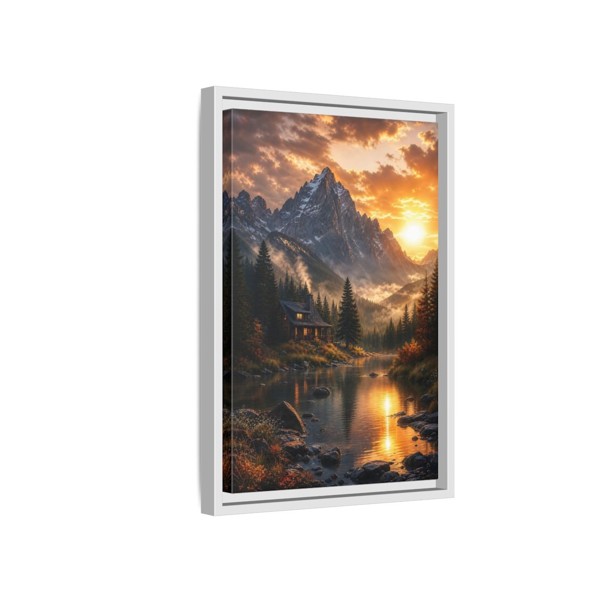Side Mockup 4. Nature Mountain Cabin Orange Mountain Cabin shown as stretched canvas wall art