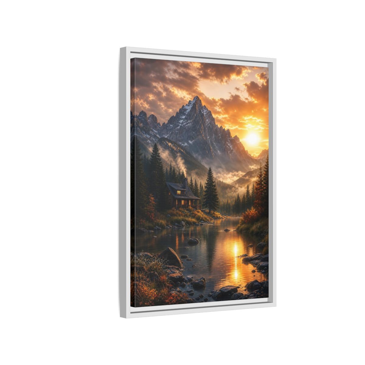 Side Mockup 1. Nature Mountain Cabin Orange Mountain Cabin shown as stretched canvas wall art