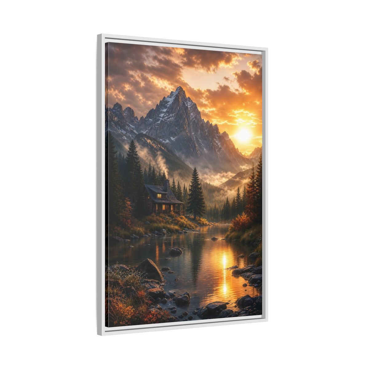 Side Mockup 9. Nature Mountain Cabin Orange Mountain Cabin shown as stretched canvas wall art