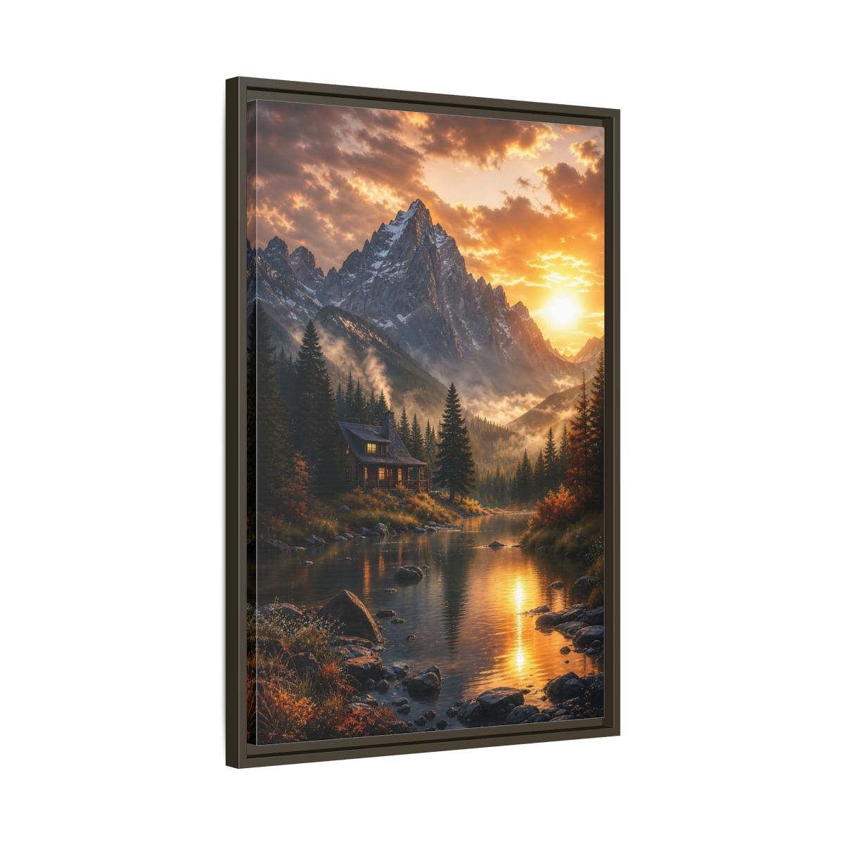 Side Mockup 11. Nature Mountain Cabin Orange Mountain Cabin shown as stretched canvas wall art