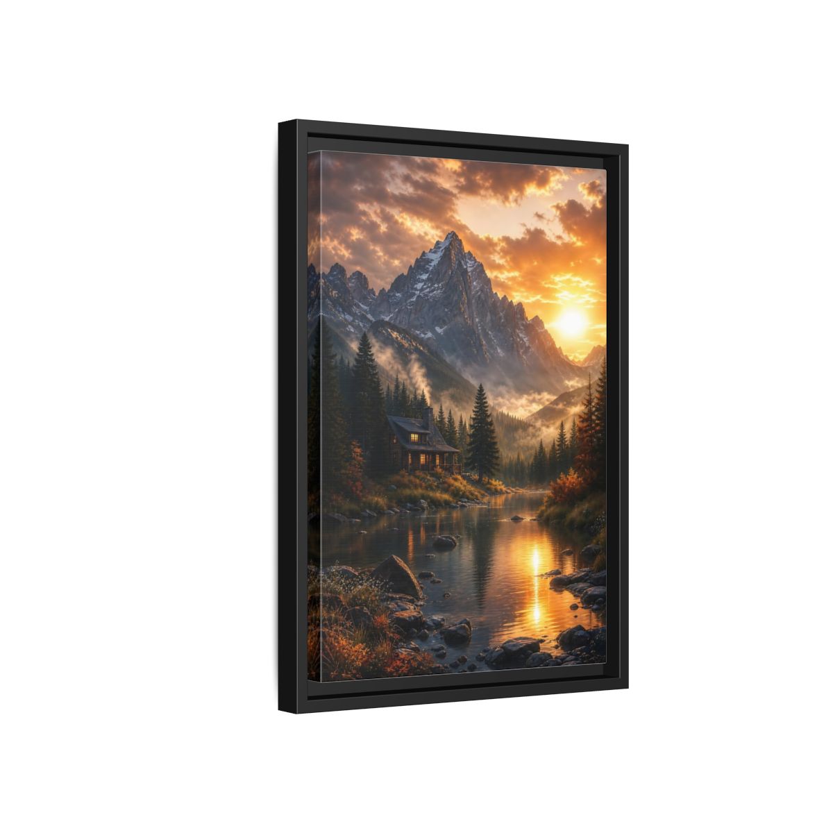 Side Mockup 6. Nature Mountain Cabin Orange Mountain Cabin shown as stretched canvas wall art