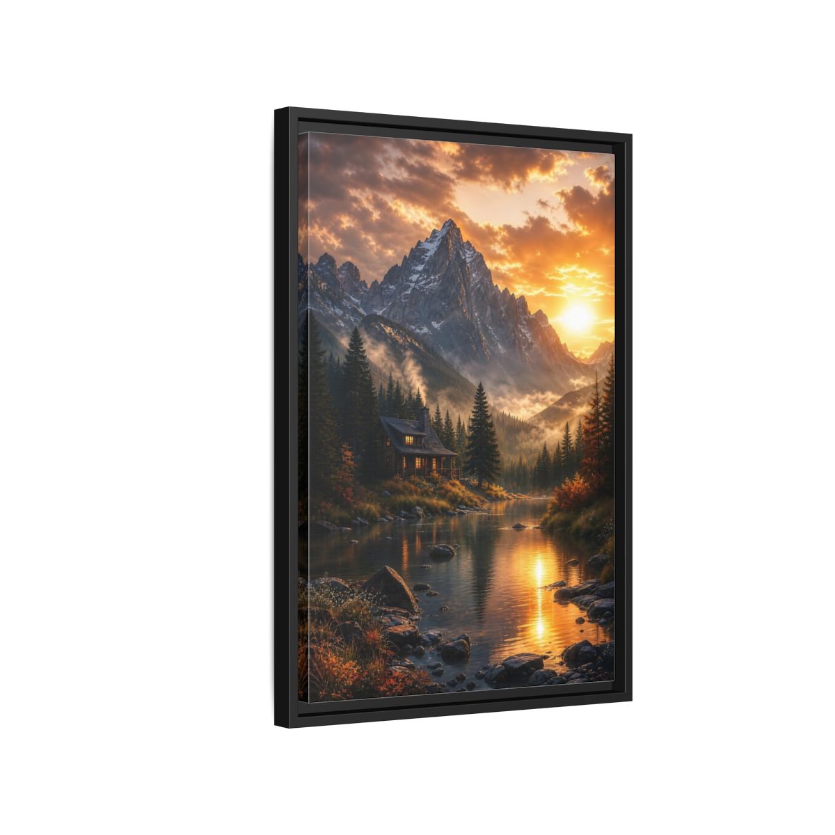 Side Mockup 3. Nature Mountain Cabin Orange Mountain Cabin shown as stretched canvas wall art