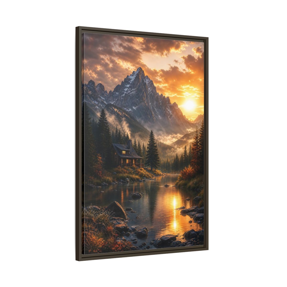 Main Mockup. Nature Mountain Cabin Orange Mountain Cabin shown as stretched canvas wall art