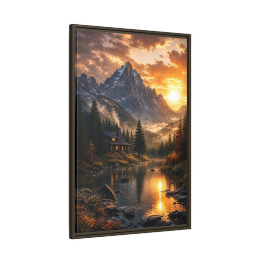 Main Mockup. Nature Mountain Cabin Orange Mountain Cabin shown as stretched canvas wall art