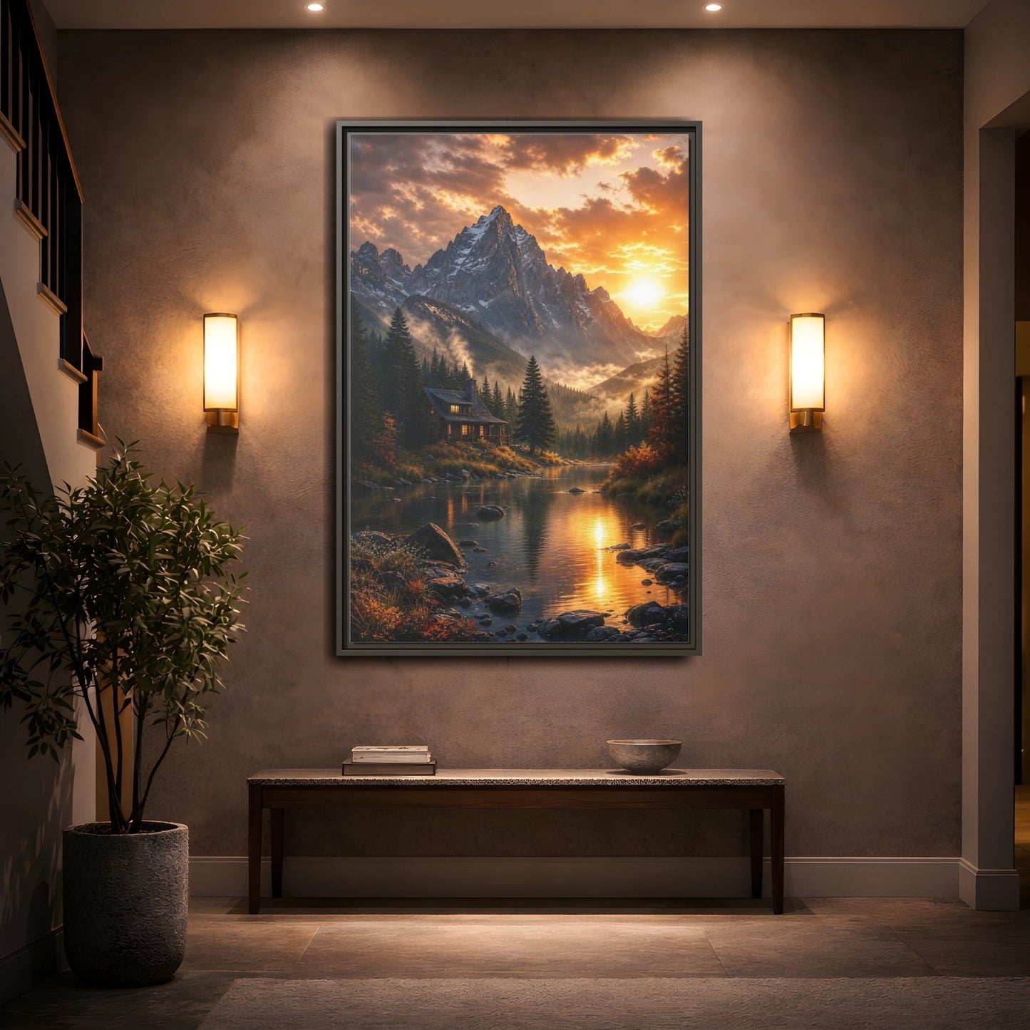 Mockup 2. Nature Mountain Cabin Orange Mountain Cabin shown as stretched canvas wall art