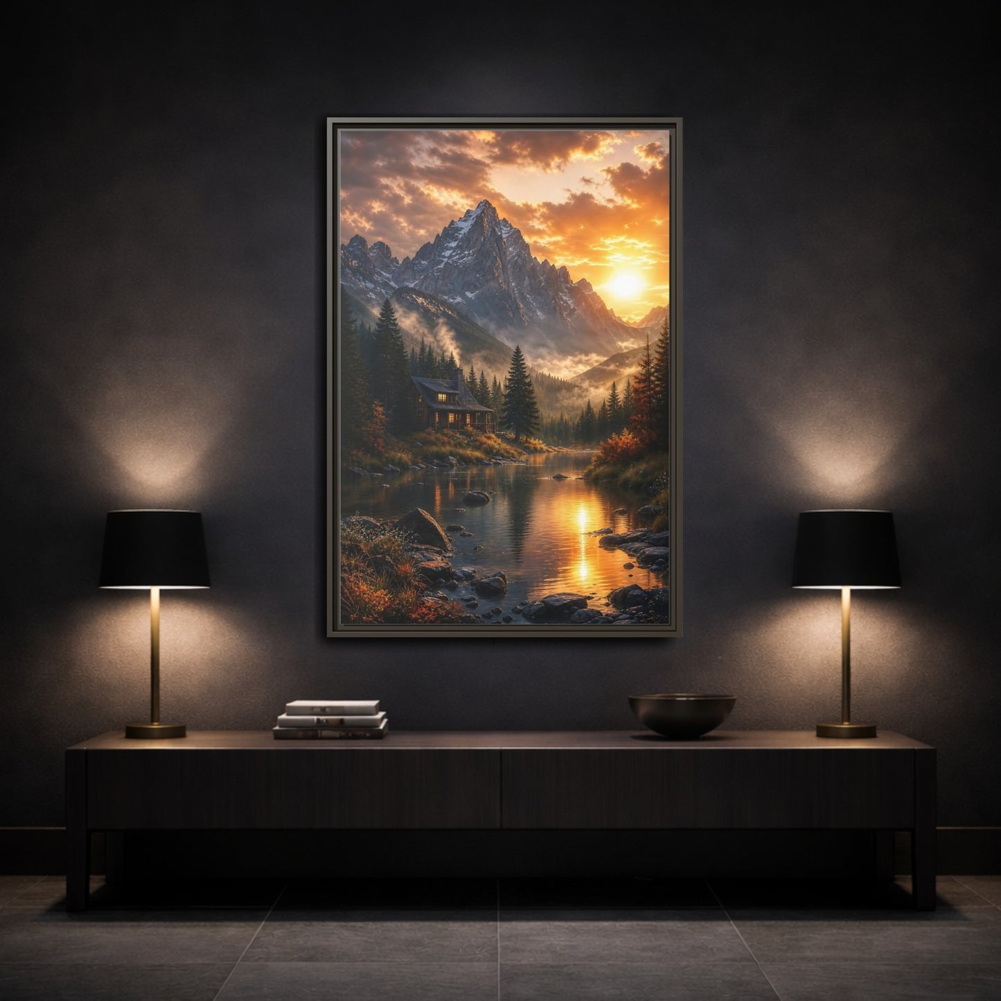Mockup 3. Nature Mountain Cabin Orange Mountain Cabin shown as stretched canvas wall art