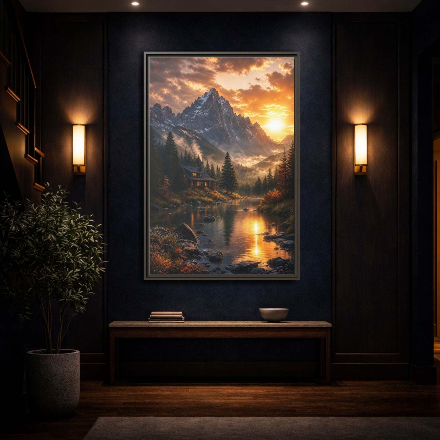 Mockup 4. Nature Mountain Cabin Orange Mountain Cabin shown as stretched canvas wall art