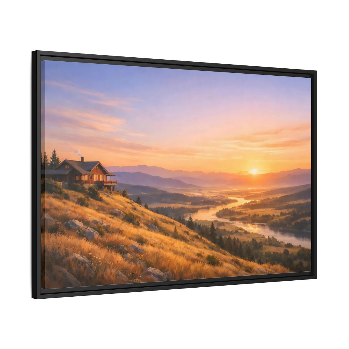Side Mockup 13. Nature Mountain Cabin Mountain Sunset shown as stretched canvas wall art