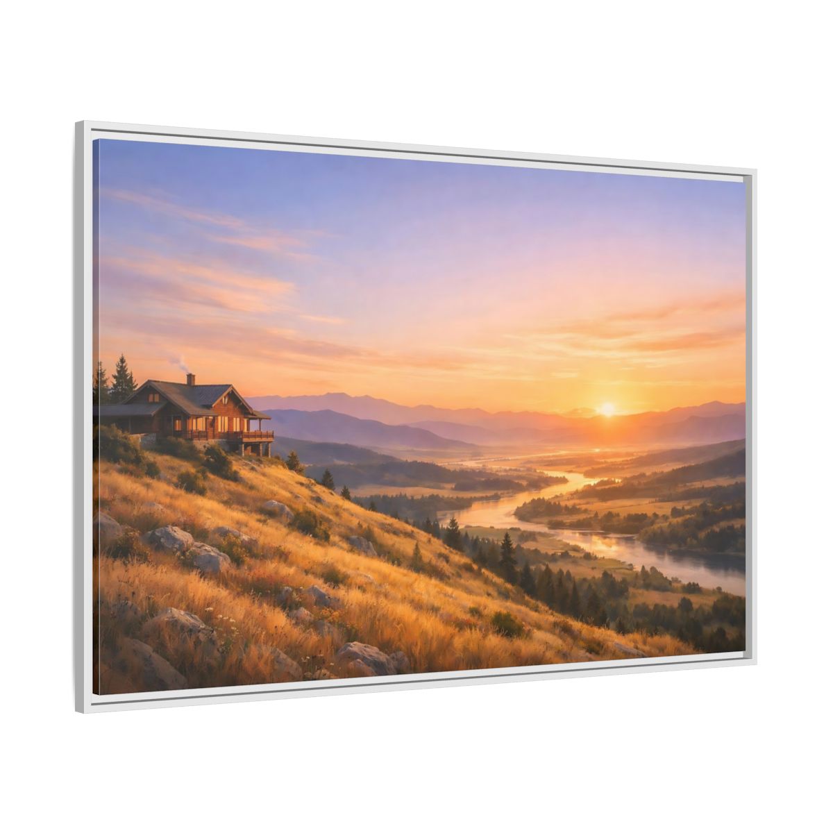 Side Mockup 7. Nature Mountain Cabin Mountain Sunset shown as stretched canvas wall art