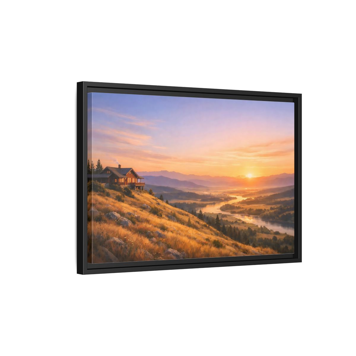 Side Mockup 3. Nature Mountain Cabin Mountain Sunset shown as stretched canvas wall art