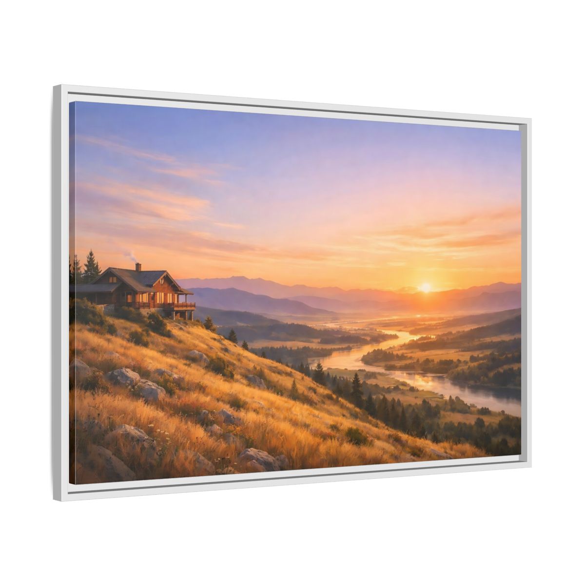 Side Mockup 9. Nature Mountain Cabin Mountain Sunset shown as stretched canvas wall art