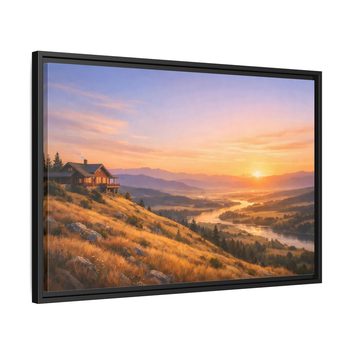 Side Mockup 14. Nature Mountain Cabin Mountain Sunset shown as stretched canvas wall art