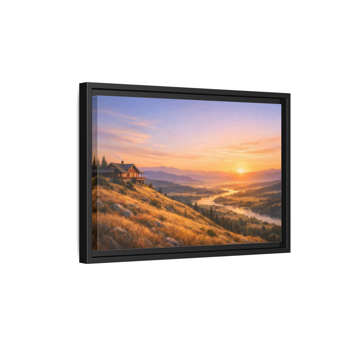 Side Mockup 6. Nature Mountain Cabin Mountain Sunset shown as stretched canvas wall art