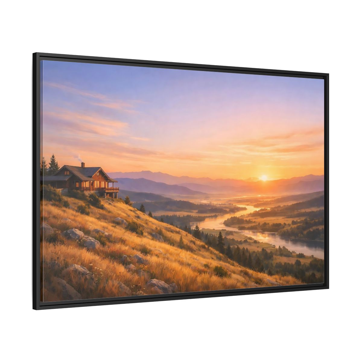 Side Mockup 12. Nature Mountain Cabin Mountain Sunset shown as stretched canvas wall art
