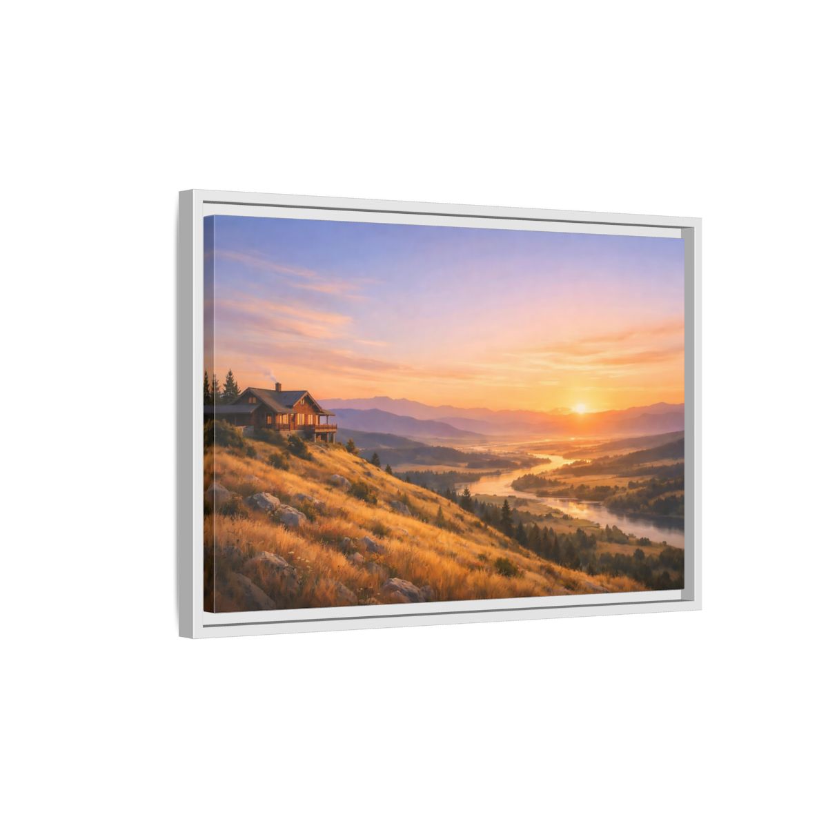 Side Mockup 1. Nature Mountain Cabin Mountain Sunset shown as stretched canvas wall art
