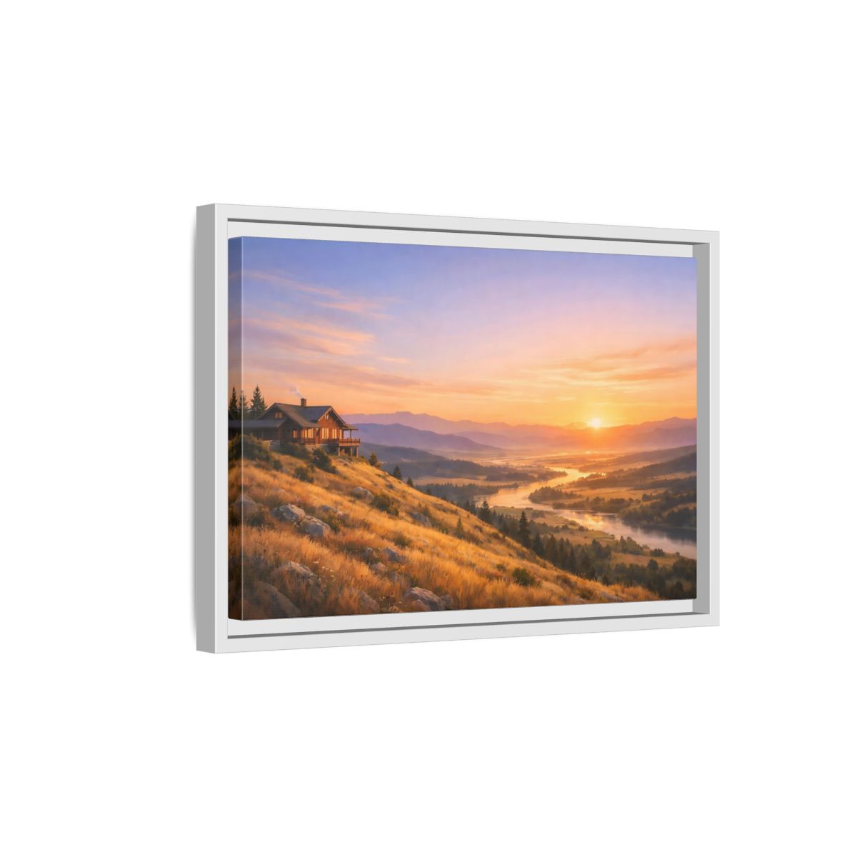 Side Mockup 4. Nature Mountain Cabin Mountain Sunset shown as stretched canvas wall art