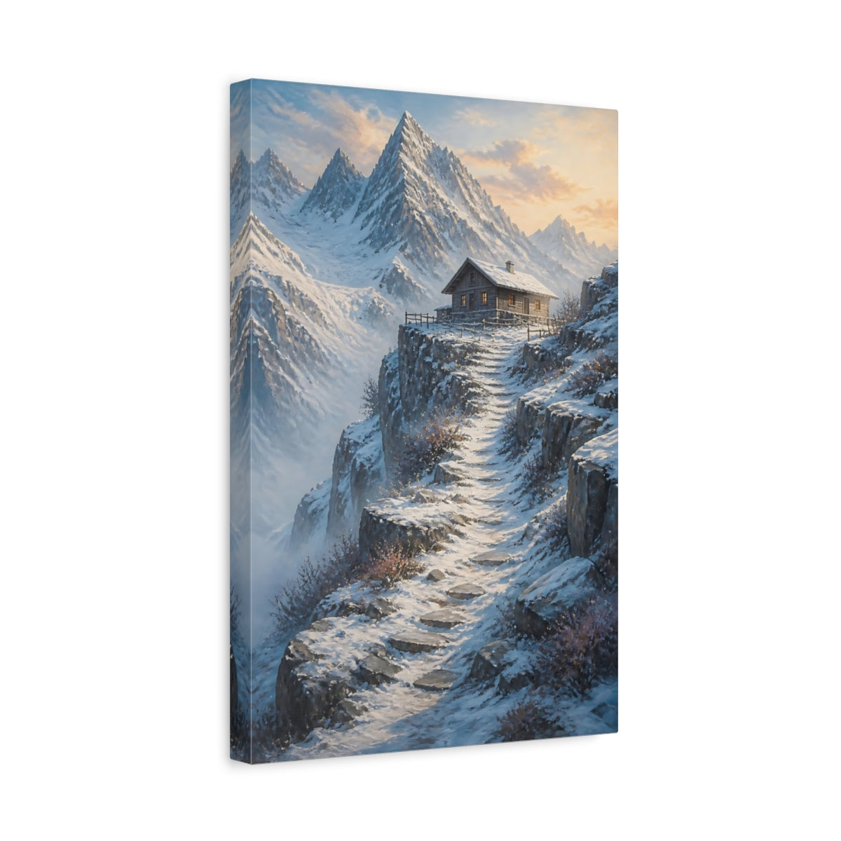Side Mockup 4. Nature Mountain Cabin Winter Mountain Cabin shown as stretched canvas wall art
