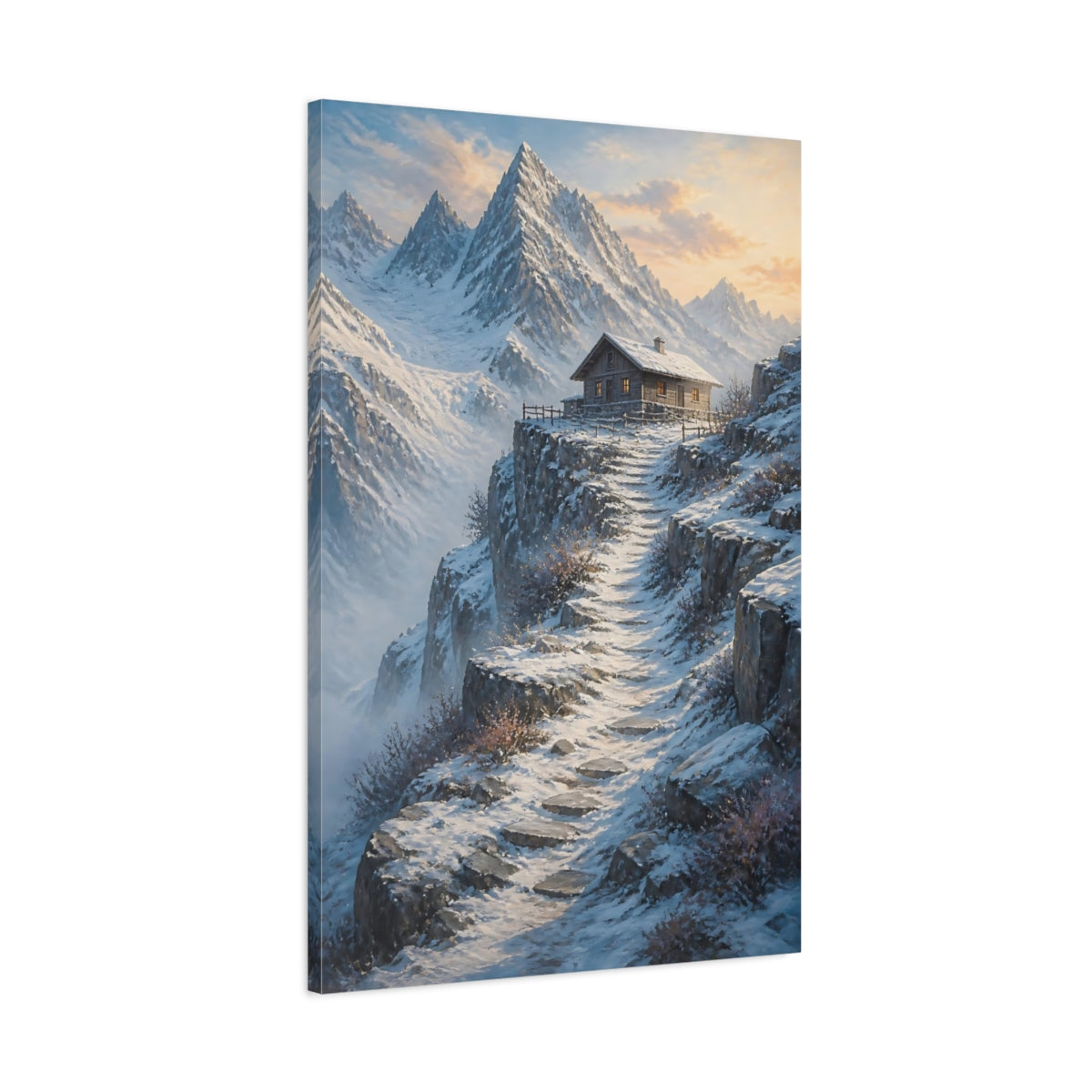 Main Mockup. Nature Mountain Cabin Winter Mountain Cabin shown as stretched canvas wall art