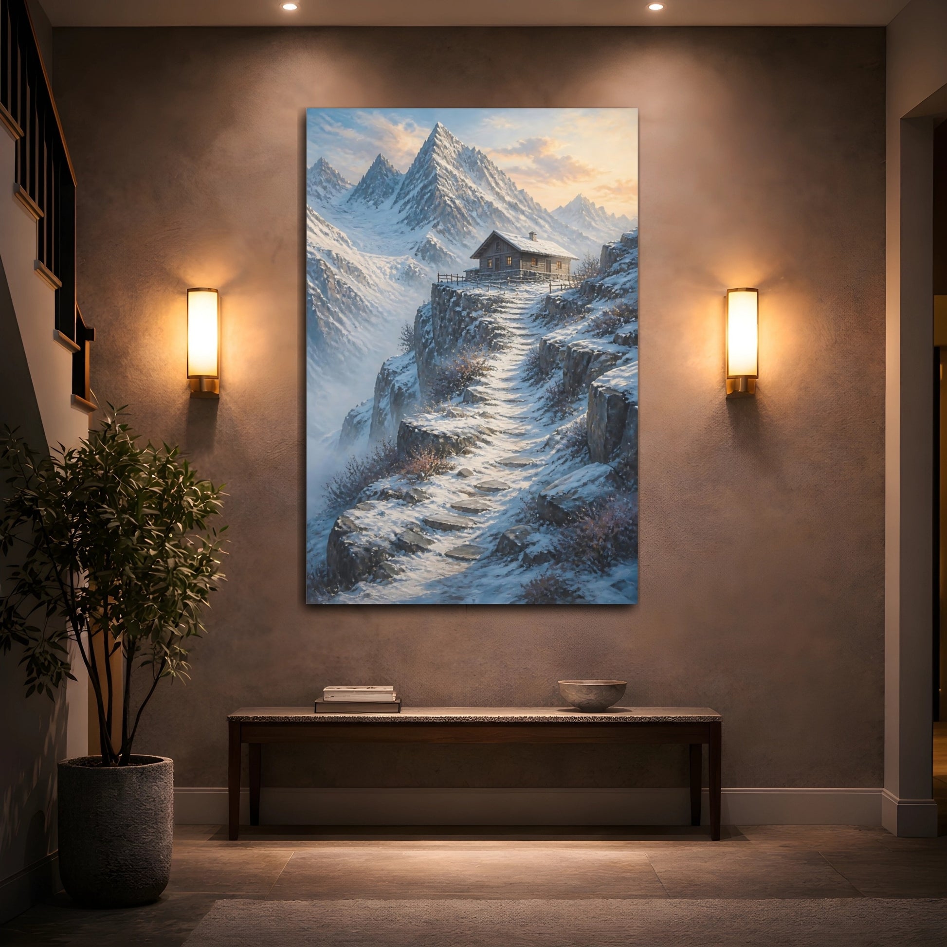 Mockup 2. Nature Mountain Cabin Winter Mountain Cabin shown as stretched canvas wall art