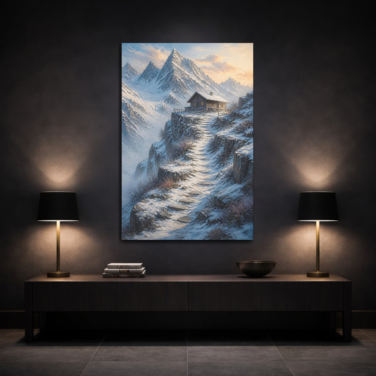 Mockup 3. Nature Mountain Cabin Winter Mountain Cabin shown as stretched canvas wall art