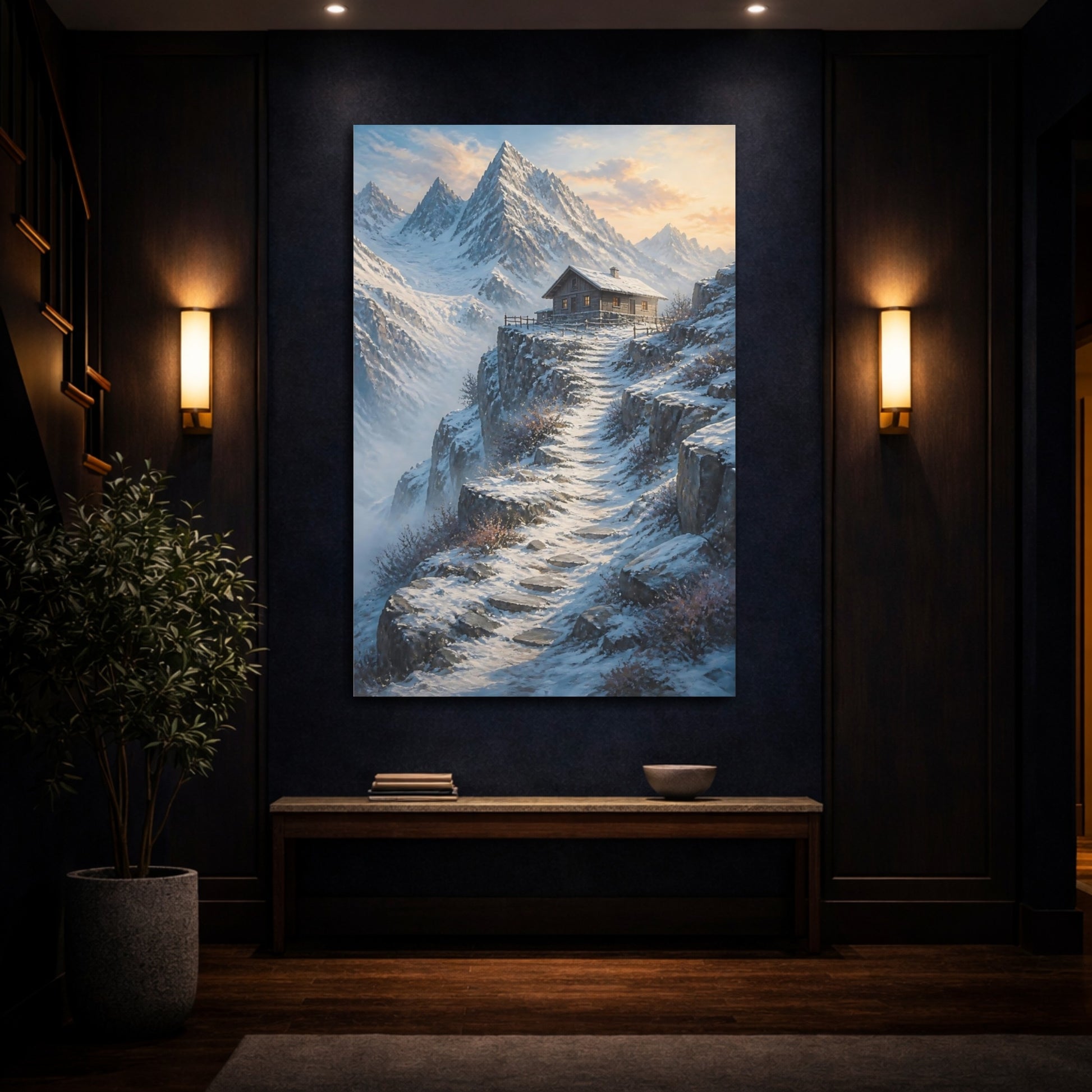 Mockup 4. Nature Mountain Cabin Winter Mountain Cabin shown as stretched canvas wall art
