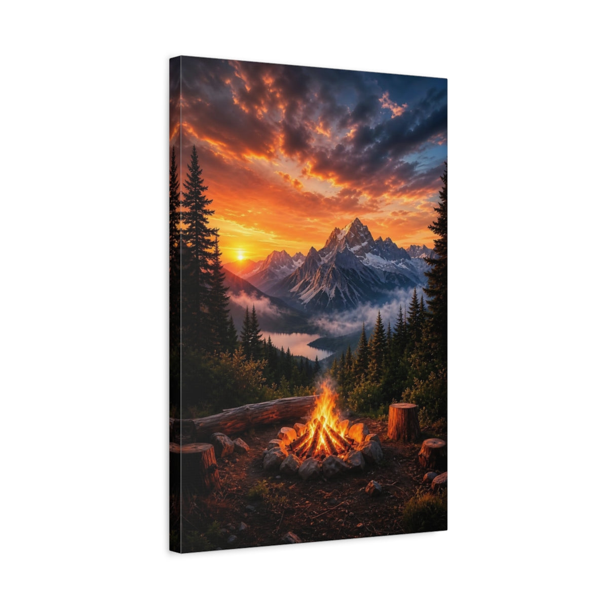 Side Mockup 3. Nature Mountain Campfire Orange Mountain Landscape shown as stretched canvas wall art