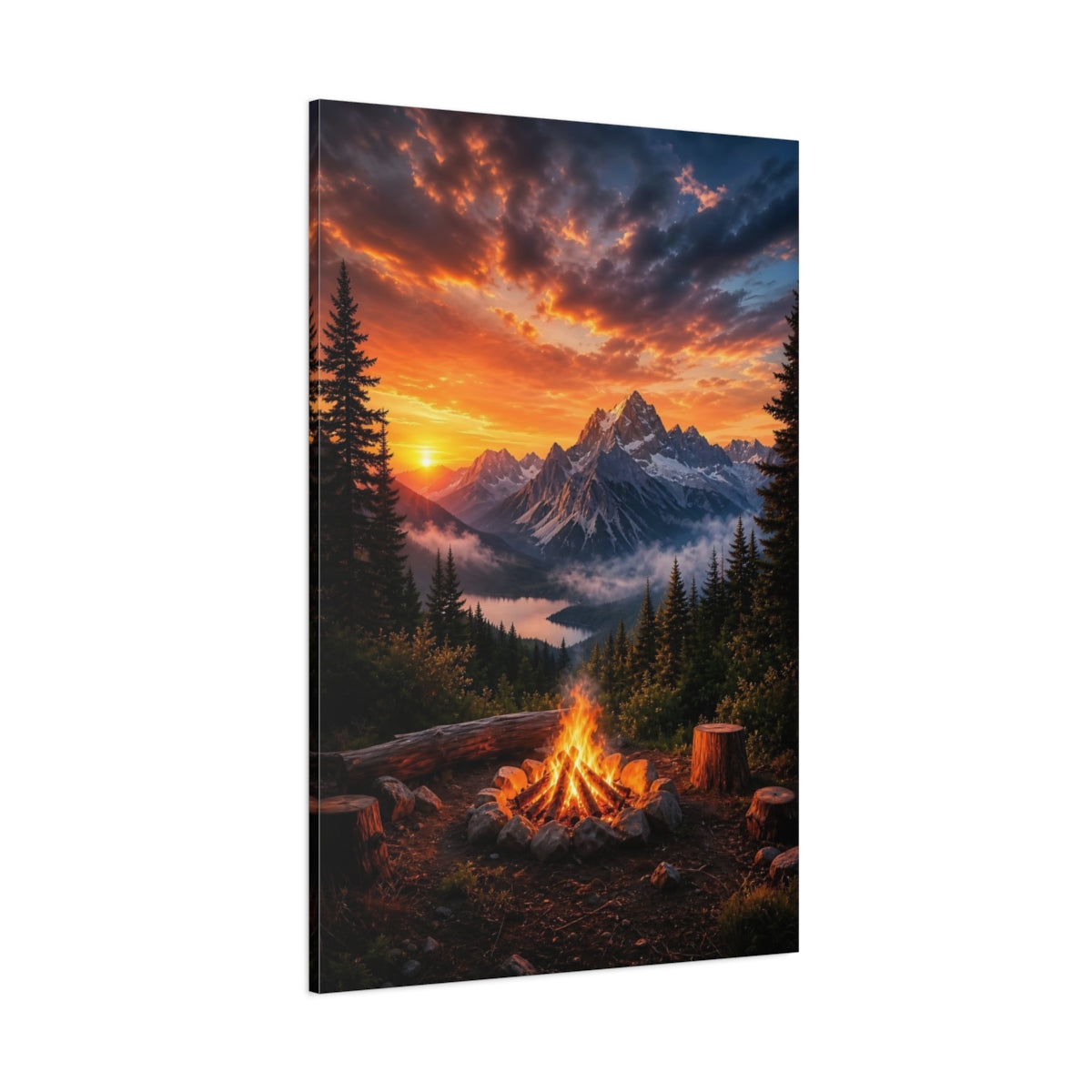 Side Mockup 1. Nature Mountain Campfire Orange Mountain Landscape shown as stretched canvas wall art