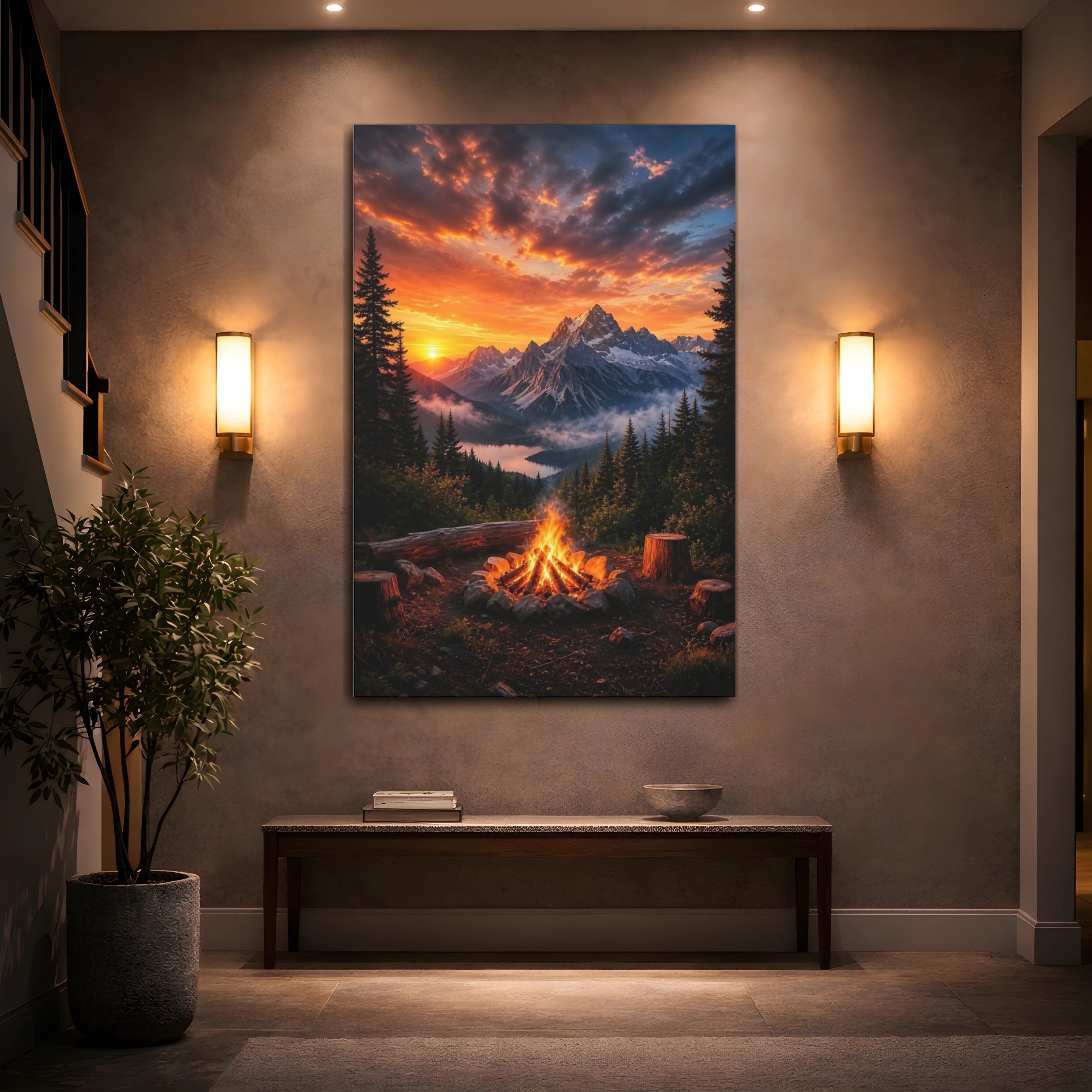 Mockup 2. Nature Mountain Campfire Orange Mountain Landscape shown as stretched canvas wall art