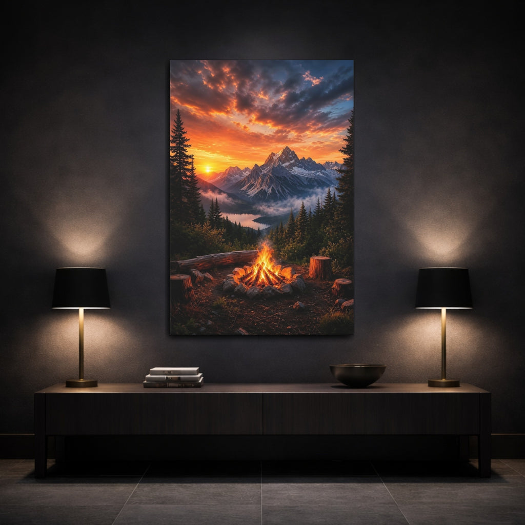 Mockup 3. Nature Mountain Campfire Orange Mountain Landscape shown as stretched canvas wall art