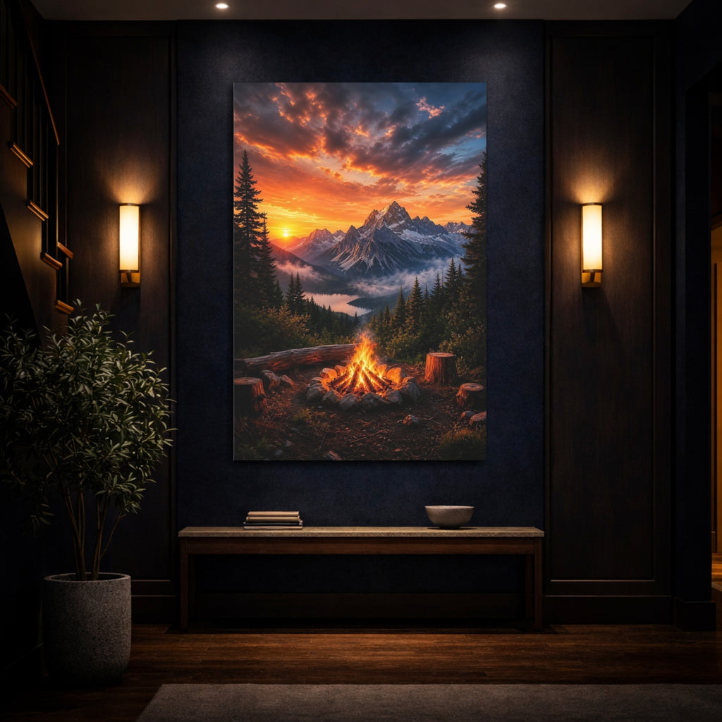 Mockup 4. Nature Mountain Campfire Orange Mountain Landscape shown as stretched canvas wall art
