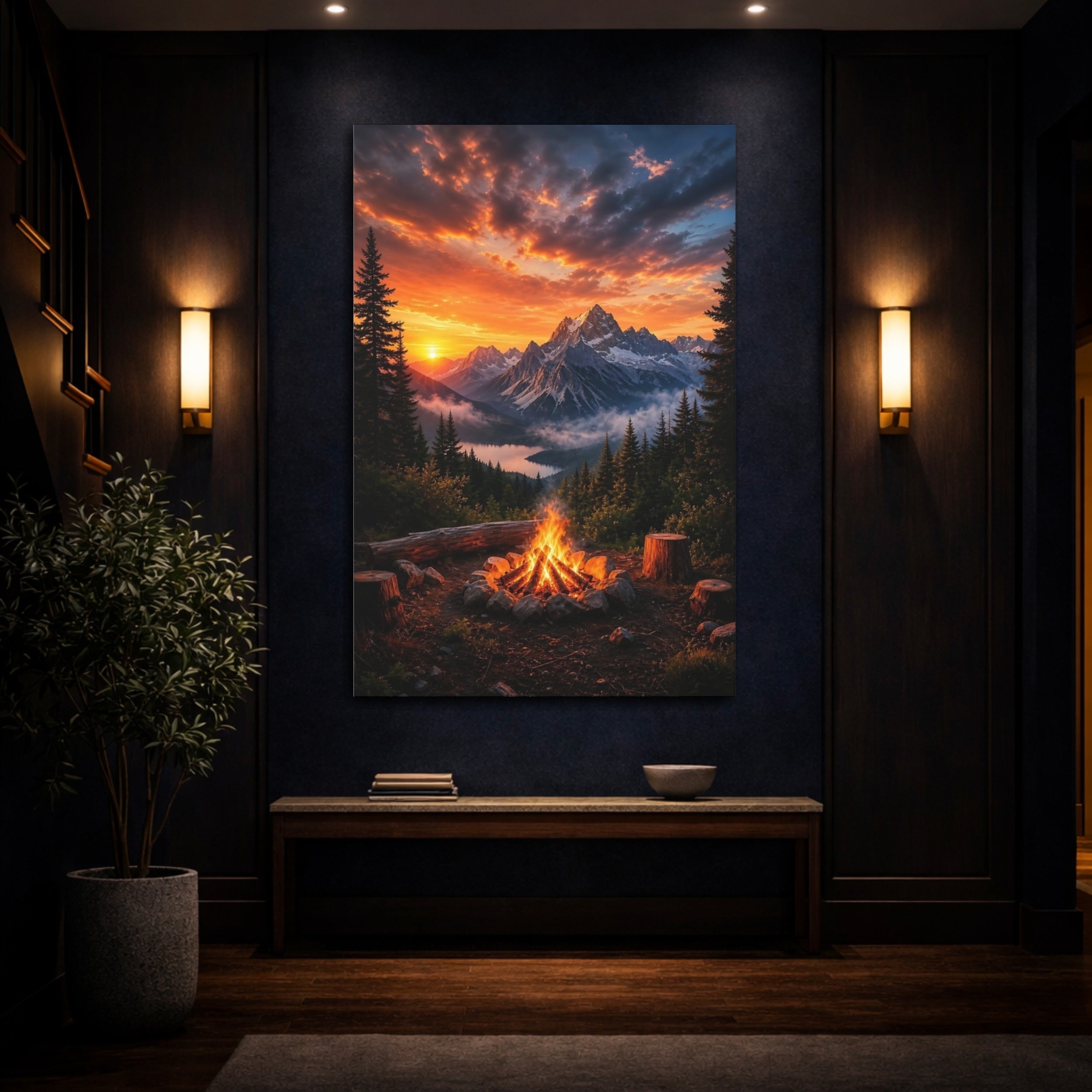 Mockup 4. Nature Mountain Campfire Orange Mountain Landscape shown as stretched canvas wall art