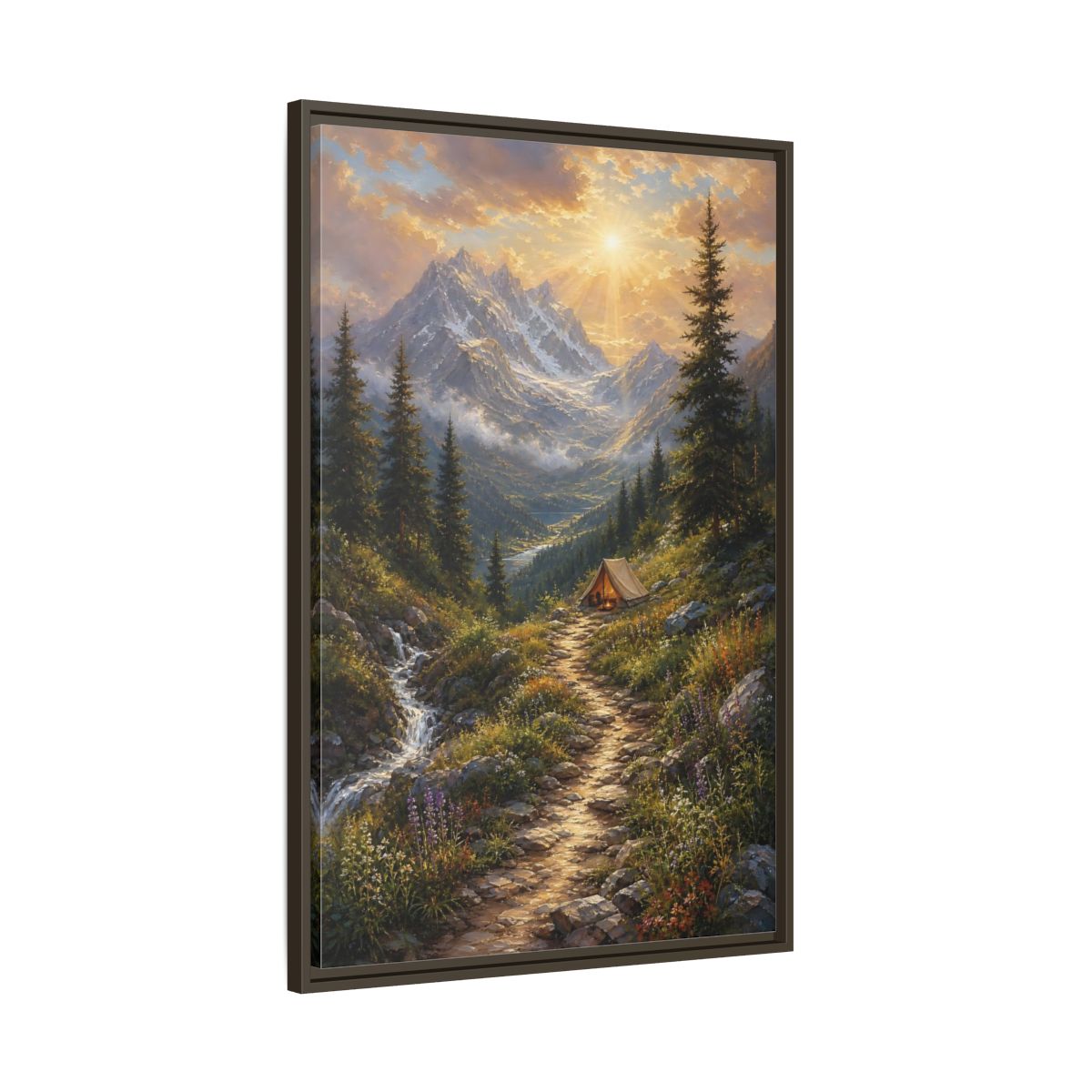 Main Mockup. Nature Mountain Campsite Golden Mountain Scene shown as stretched canvas wall art