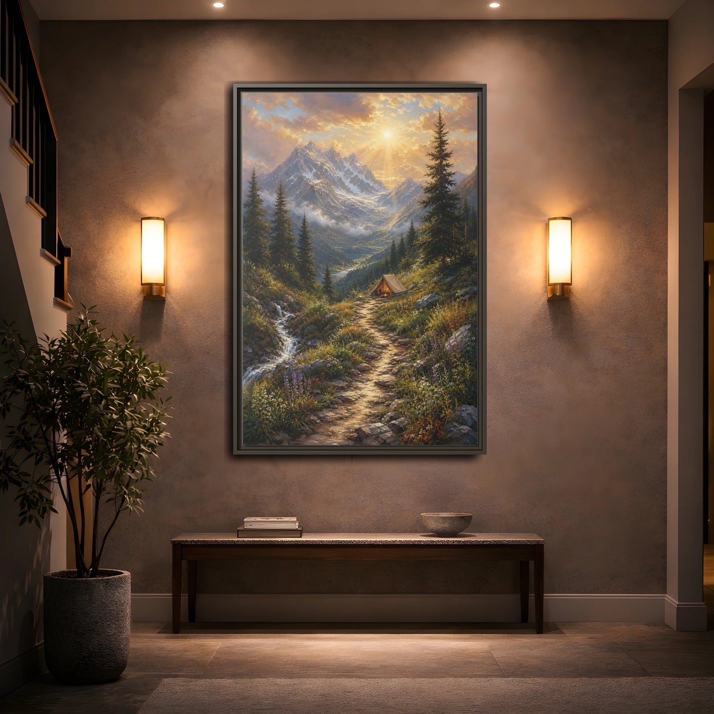 Mockup 2. Nature Mountain Campsite Golden Mountain Scene shown as stretched canvas wall art