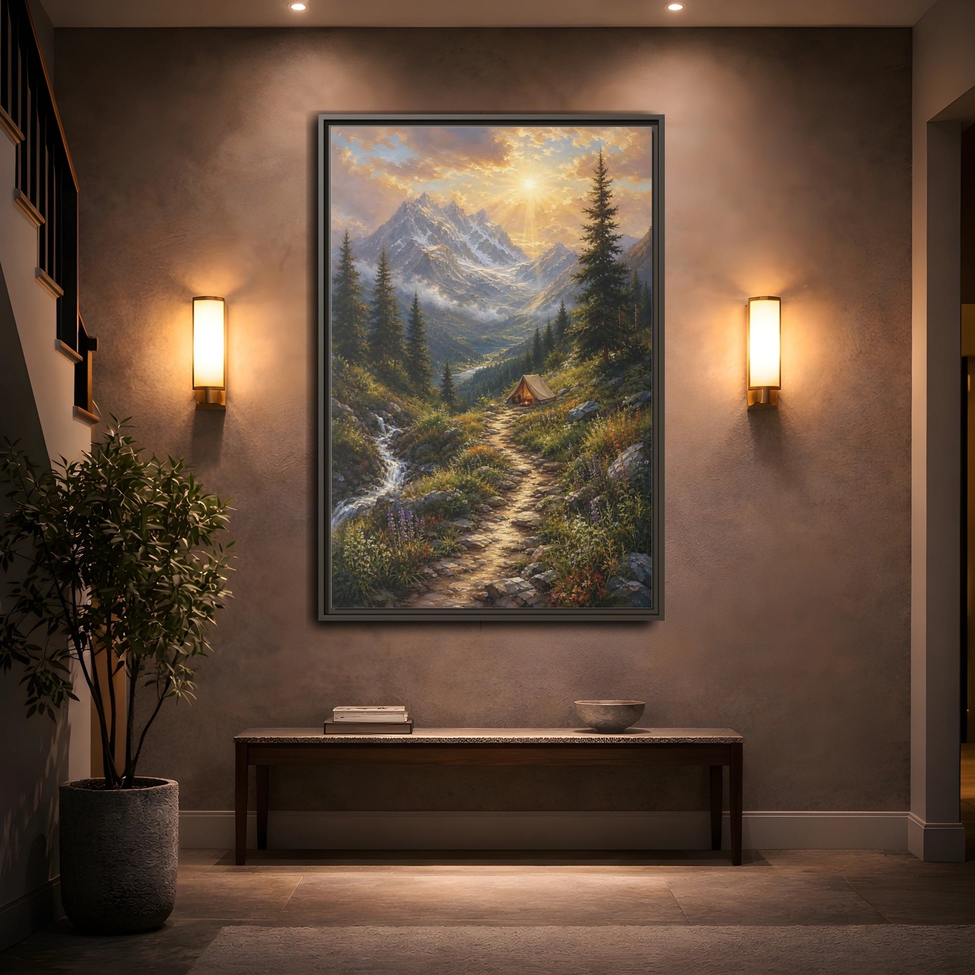 Mockup 2. Nature Mountain Campsite Golden Mountain Scene shown as stretched canvas wall art