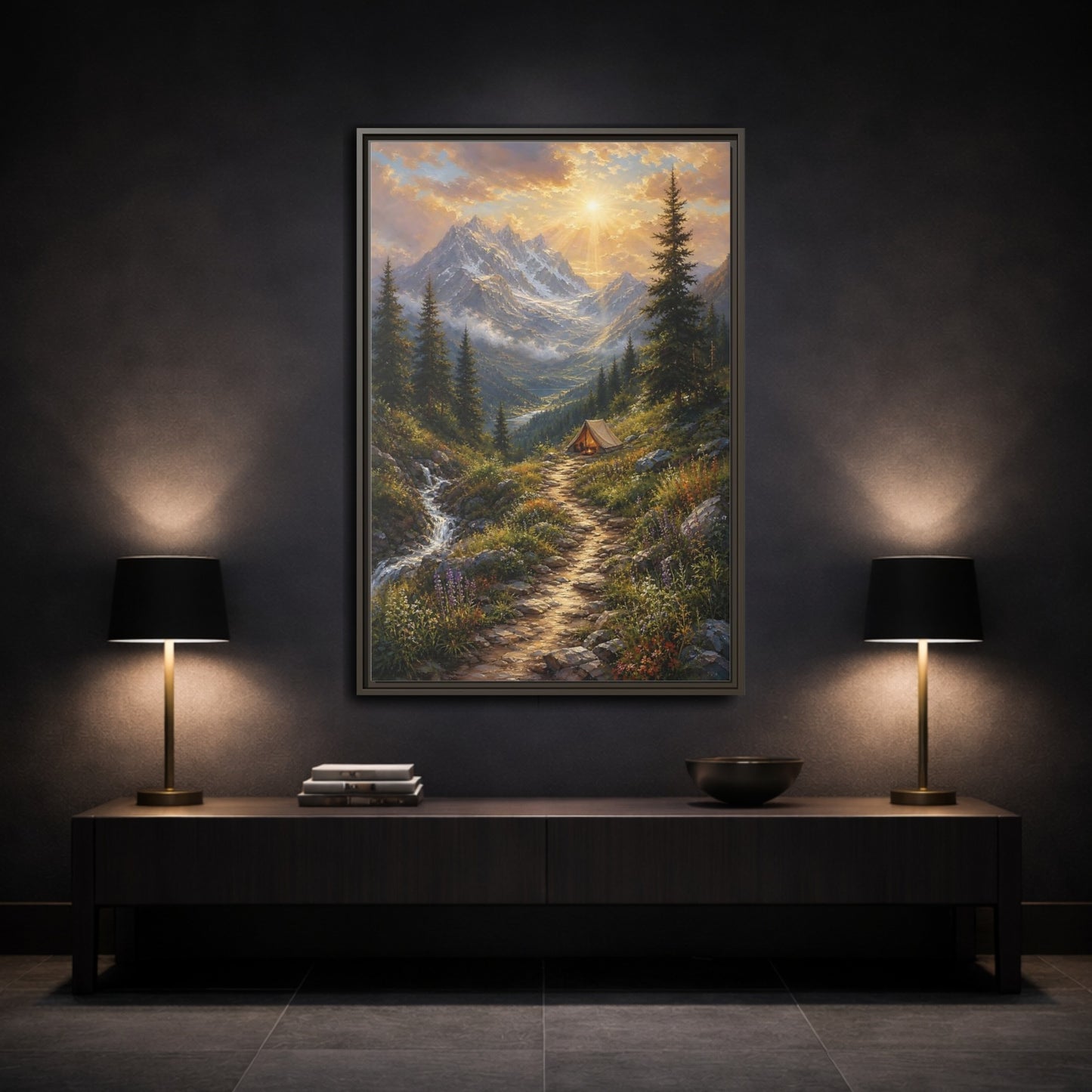 Mockup 3. Nature Mountain Campsite Golden Mountain Scene shown as stretched canvas wall art