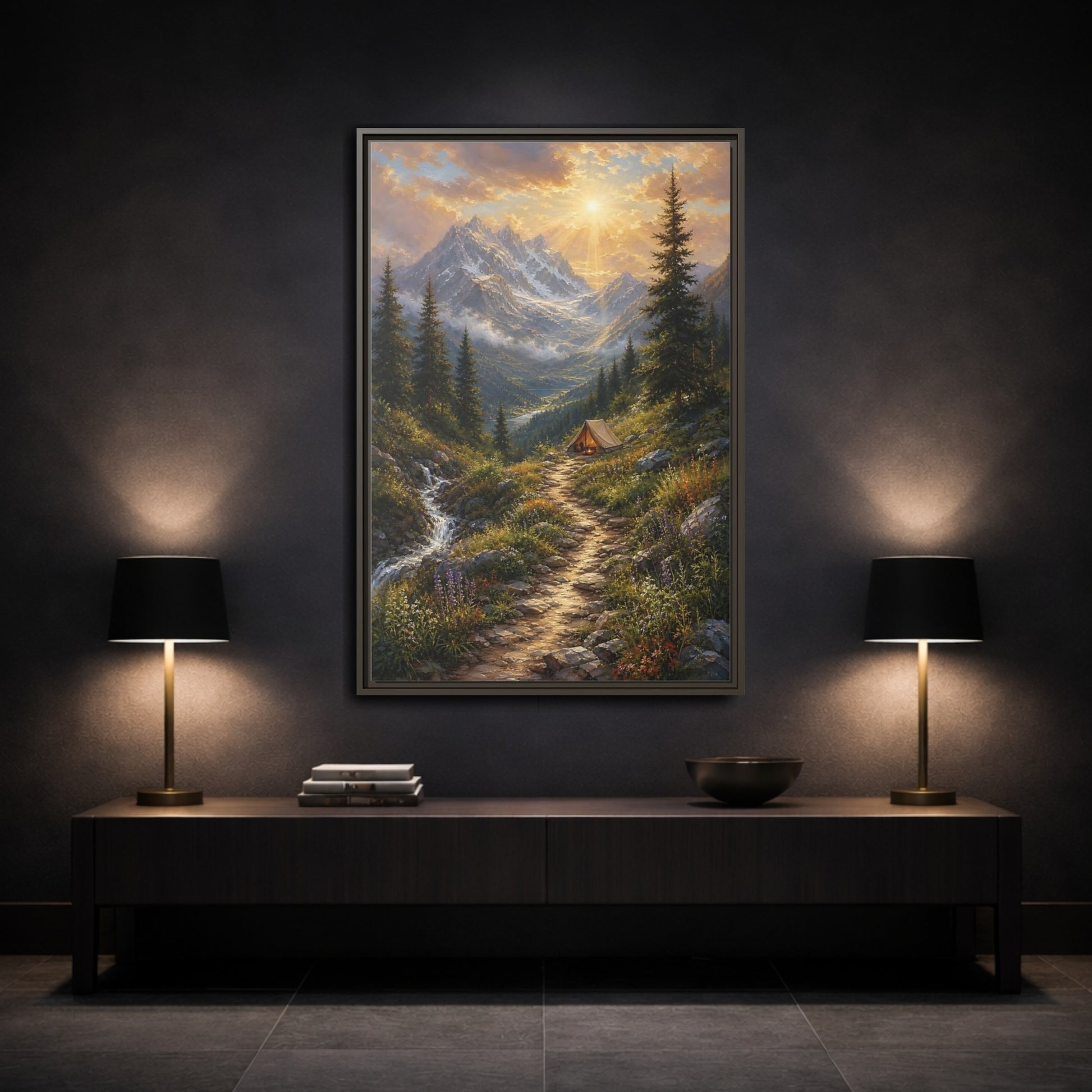Mockup 3. Nature Mountain Campsite Golden Mountain Scene shown as stretched canvas wall art