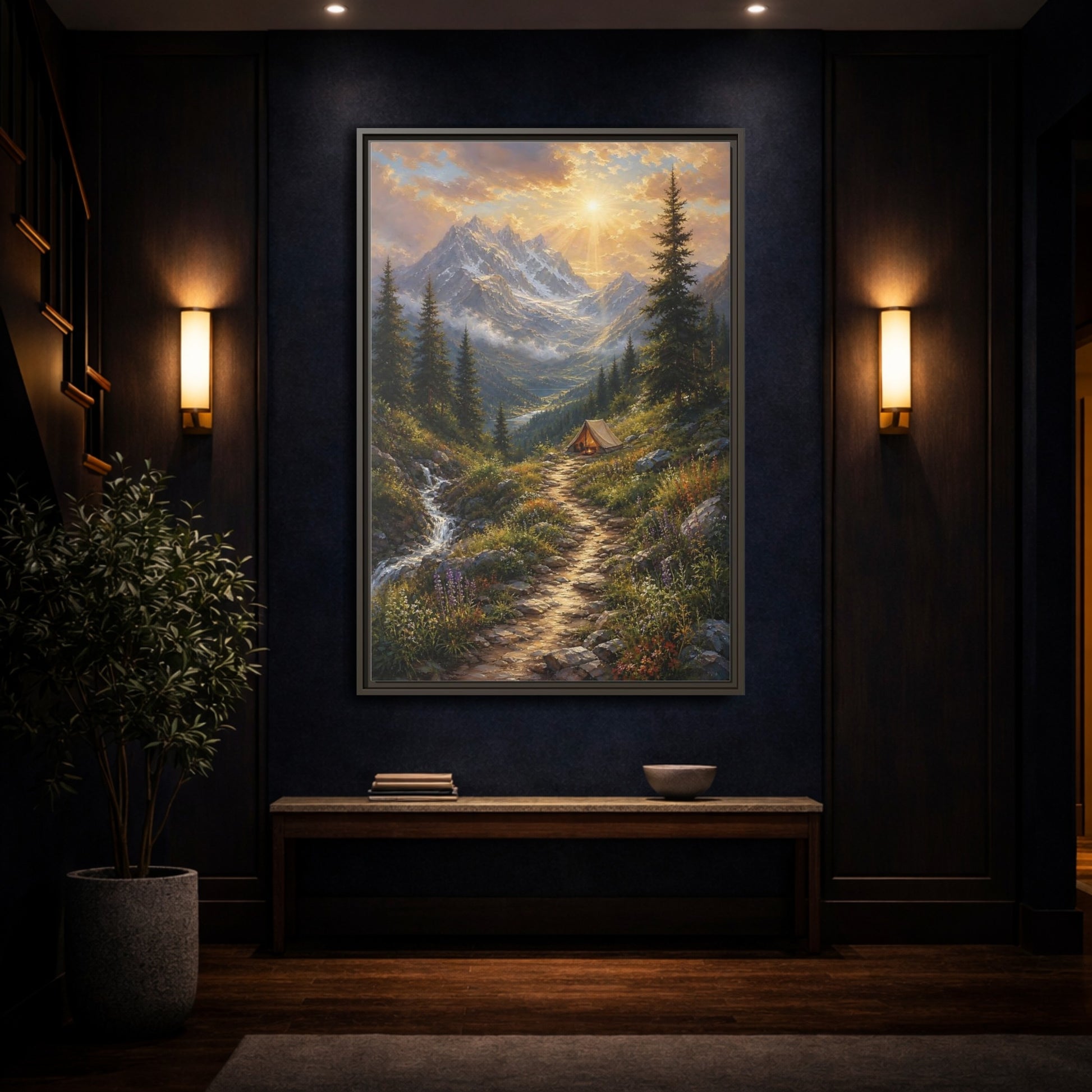 Mockup 4. Nature Mountain Campsite Golden Mountain Scene shown as stretched canvas wall art