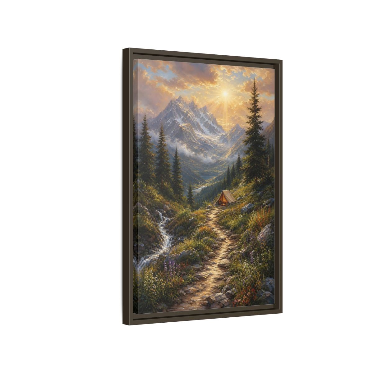 Side Mockup 2. Nature Mountain Campsite Golden Mountain Scene shown as stretched canvas wall art