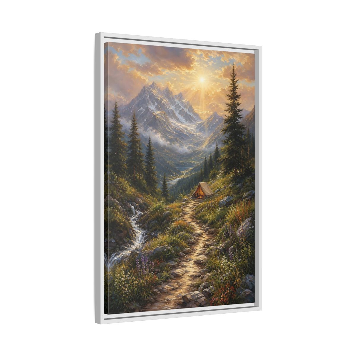 Side Mockup 10. Nature Mountain Campsite Golden Mountain Scene shown as stretched canvas wall art