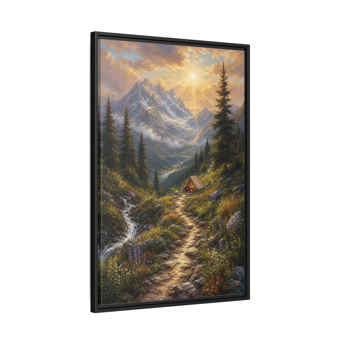 Side Mockup 13. Nature Mountain Campsite Golden Mountain Scene shown as stretched canvas wall art