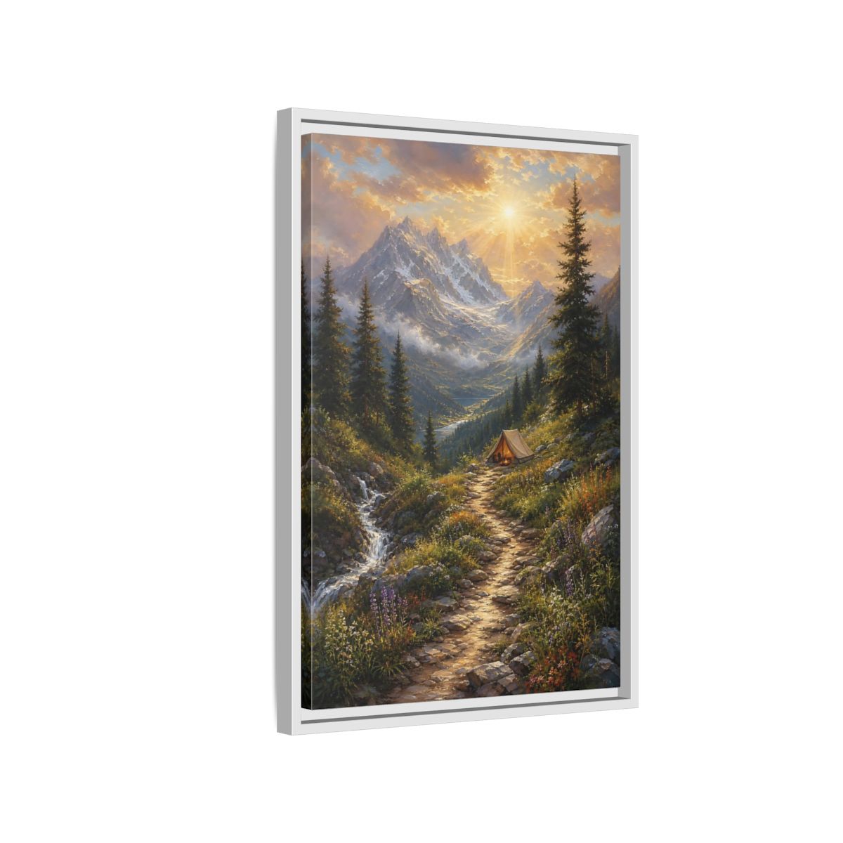 Side Mockup 1. Nature Mountain Campsite Golden Mountain Scene shown as stretched canvas wall art