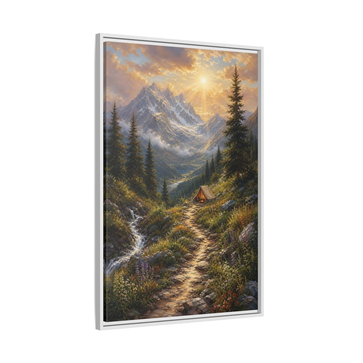 Side Mockup 9. Nature Mountain Campsite Golden Mountain Scene shown as stretched canvas wall art