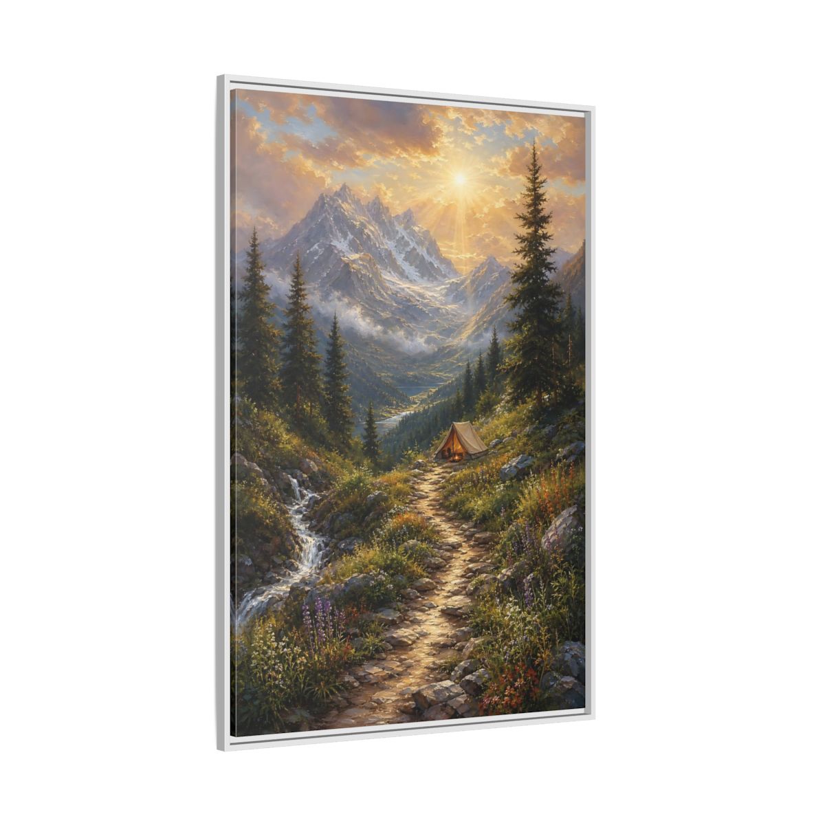 Side Mockup 7. Nature Mountain Campsite Golden Mountain Scene shown as stretched canvas wall art