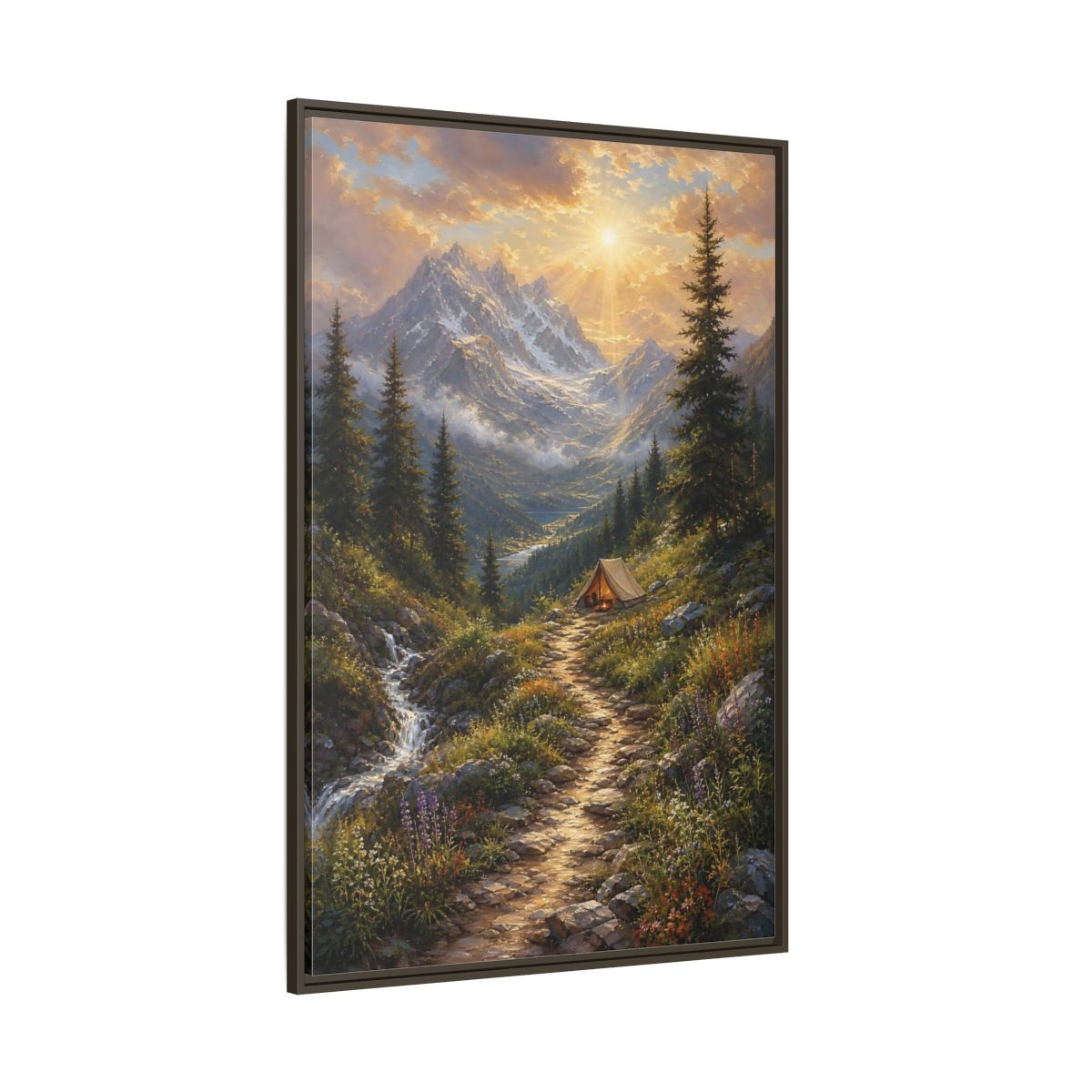 Side Mockup 8. Nature Mountain Campsite Golden Mountain Scene shown as stretched canvas wall art